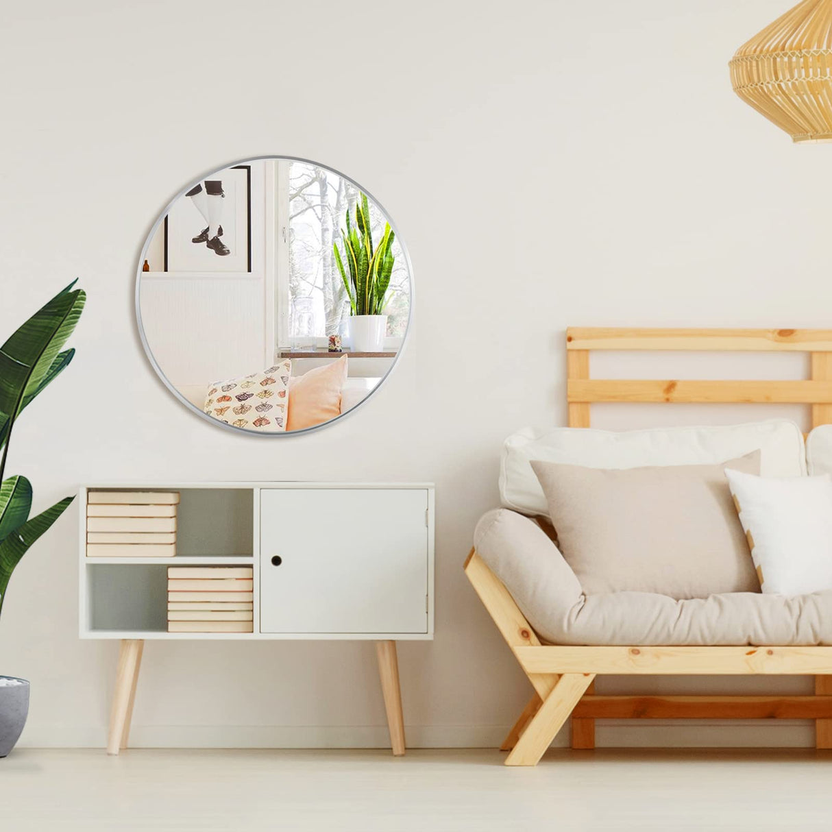 30 Inch Circle Mirror, Silver Large Round Wall Mirror with Metal Brush Framed for