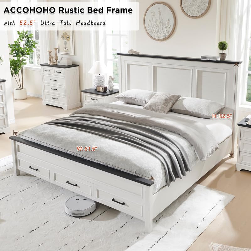 Farmhouse Queen Bed Frame with 52" Tall Headboard & Storage Drawers