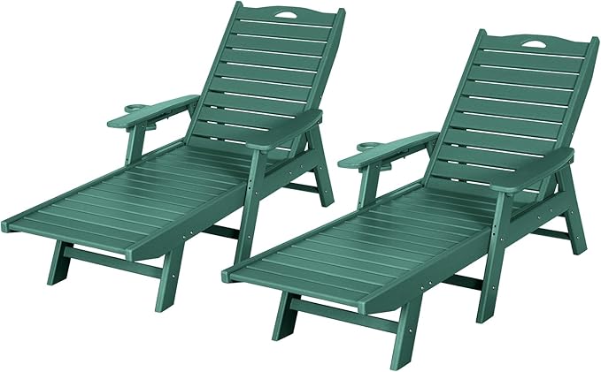 Outdoor Chaise Lounge Chair Set of 2 with Wheels & Cup Holder