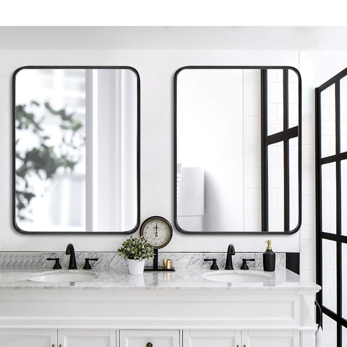 Black Bathroom Mirror for Wall, 1.3” Metal Frame Rectangle Mirror