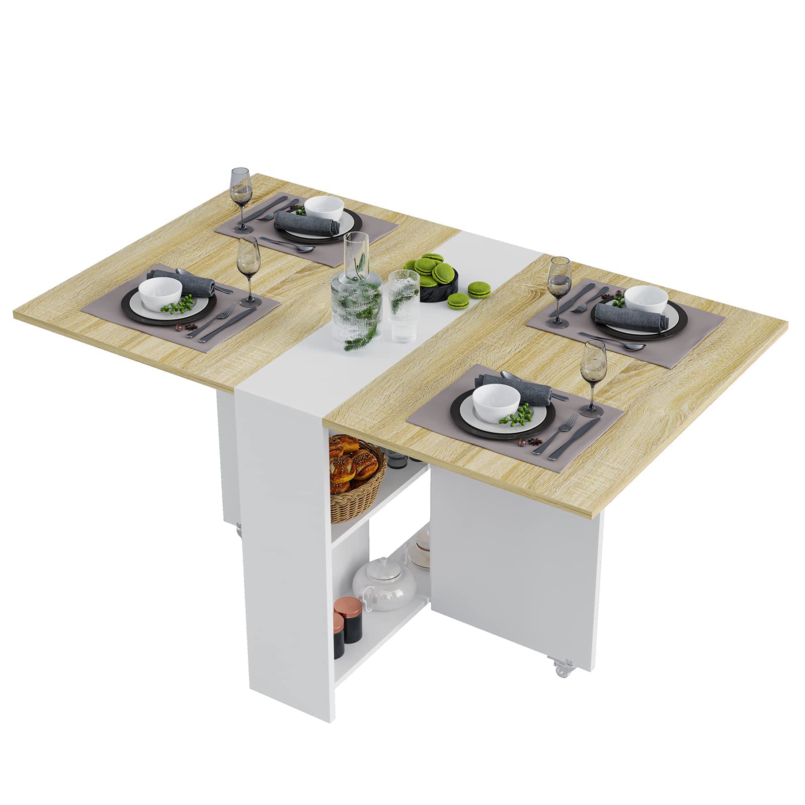 Folding Dining Table, Versatile Dinner Table with 6 Wheels and 2 Storage Racks,