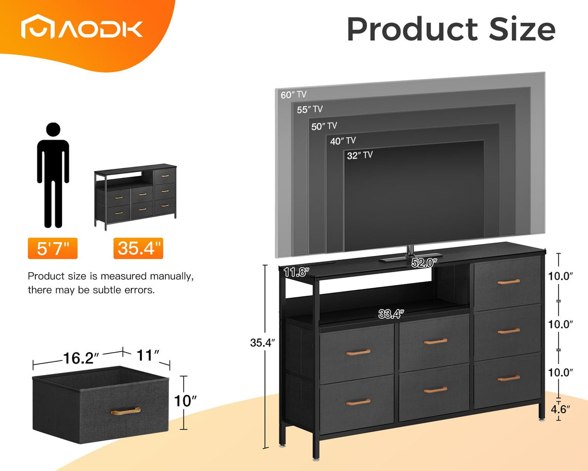 AODK TV Stand with LED Lights and Power Outlet, Long TV Stands for Living Room with 7 Large Storage Drawers and Shelves, Fabric TV Stand with Sturdy Frame and Wooden Top, Black