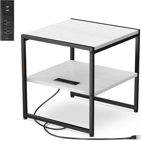 20" End Table with Charging Station, Industrial Square Side Table