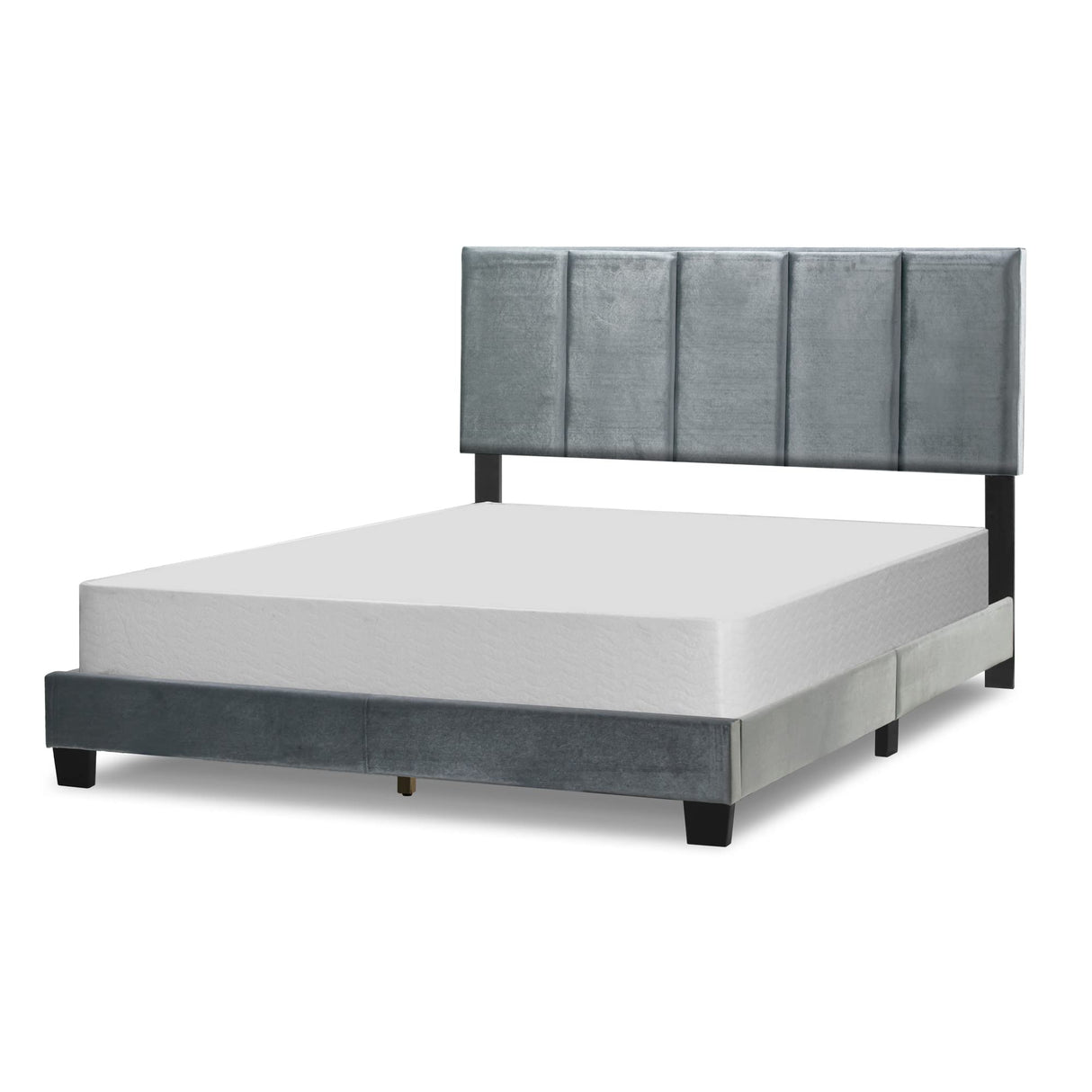 Silver Grey Velvet Queen Bed with Line Stitch Tufting