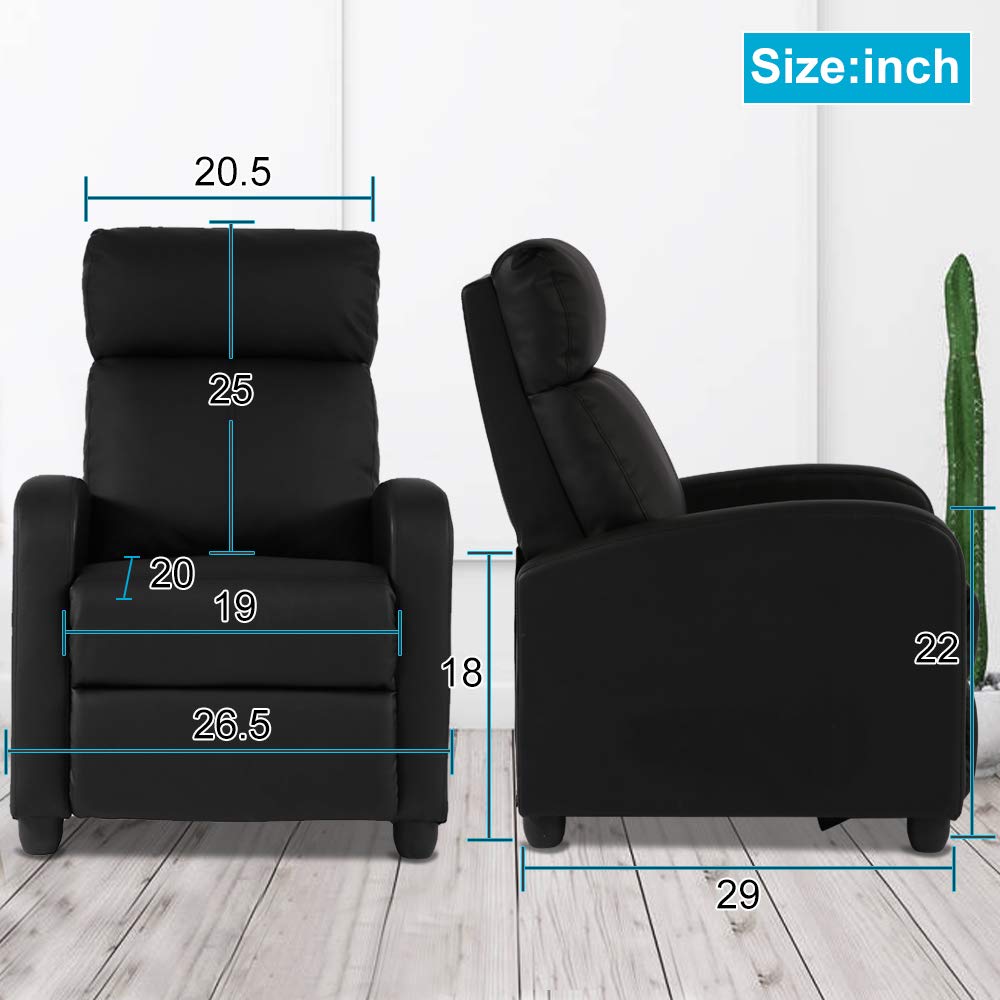 Chair for Living Room Padded Wide Seat Sofa PU Leather Reclining Chair with Footrest & Backrest, Wingback Heavy Duty Modern Single Sofa Home Theater Seating Easy Lounge, Black