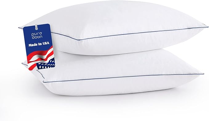 Goose Feathers Down Pillows Standard Size Set of 2 - Made in USA Soft Fluffy Hotel Pillow, 100% Cotton Cover, Luxury Medium Firm Bed Pillows for Back, Stomach or Side Sleeper.