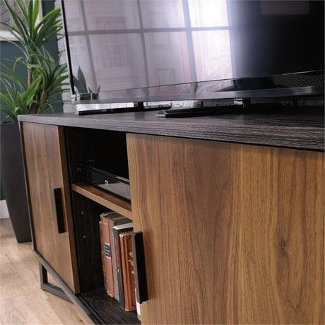 Sauder Canton Lane Engineered Wood 60" TV Credenza in Grand Walnut and Black