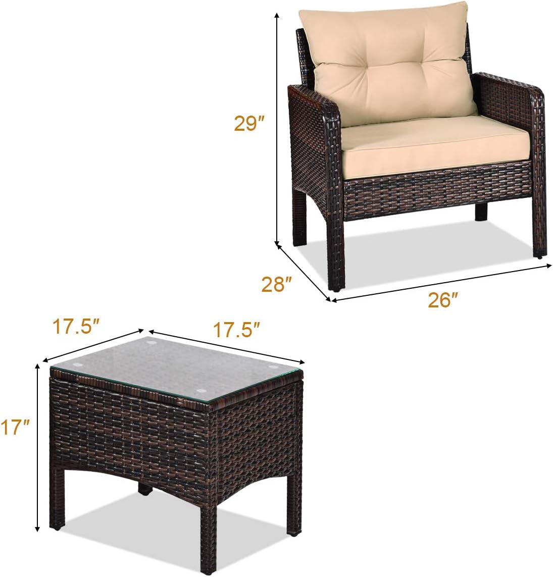 3 Piece Outdoor Patio Furniture Set for 2, Wicker Chairs with Glass Top Coffee Table