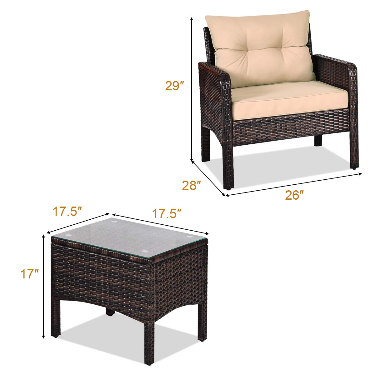 3 Piece Outdoor Patio Furniture Set for 2, Wicker Chairs with Glass Top Coffee Table