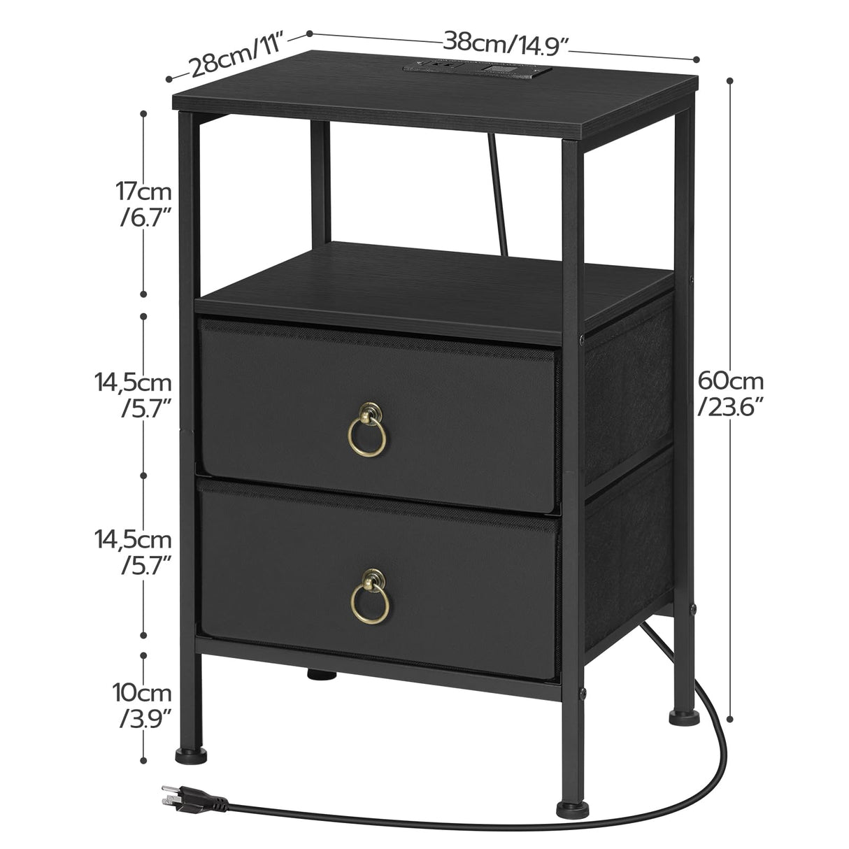 HOOBRO Nightstand with Charging Station, End Table with USB and Outlets, Small Night Stand with Fabric Drawers for Bedroom, Small Spaces, Black BB110UBZ01