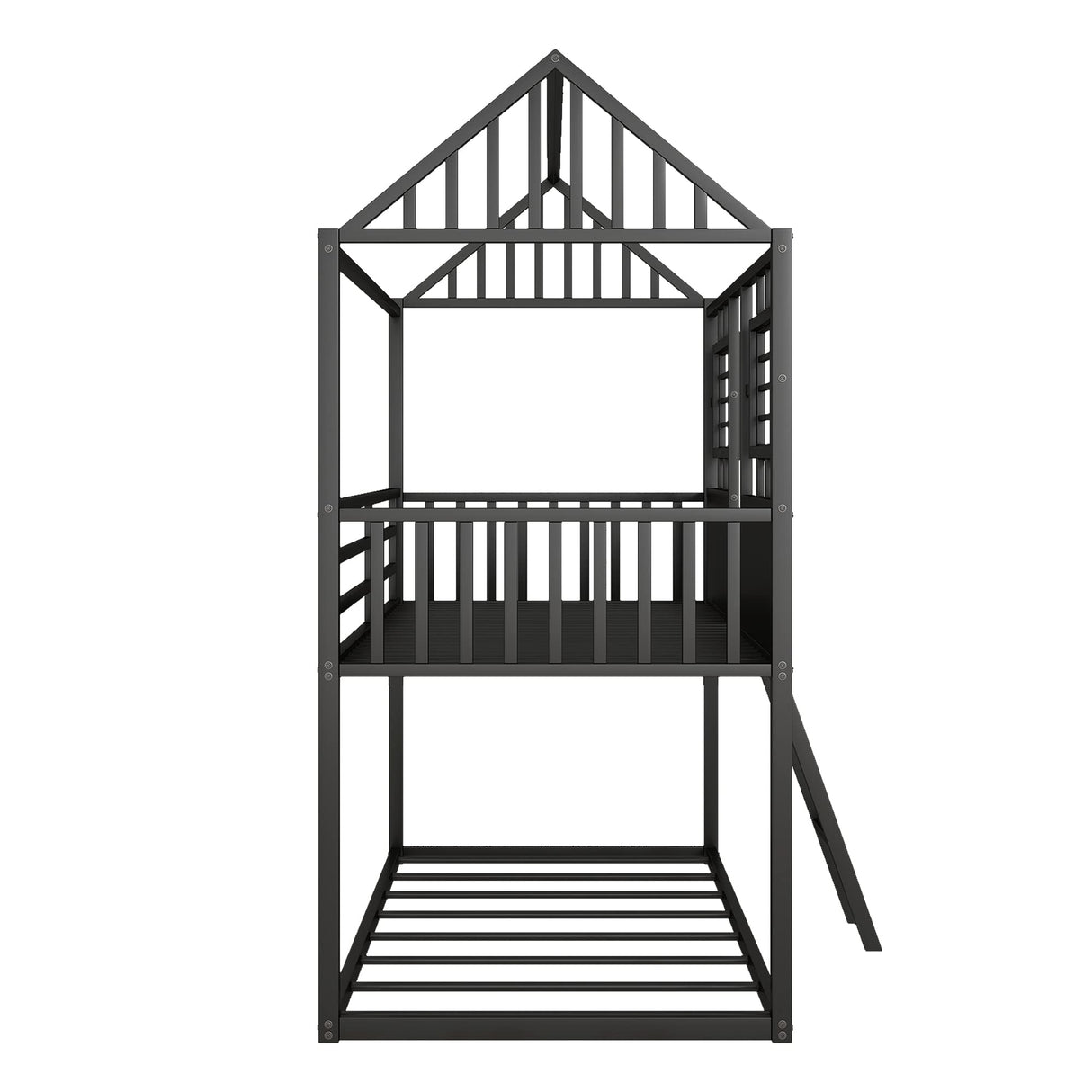 Twin Over Twin Size Metal Low Bunk House Bed with Roof, Two Front Windows