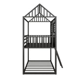 Twin Over Twin Size Metal Low Bunk House Bed with Roof, Two Front Windows