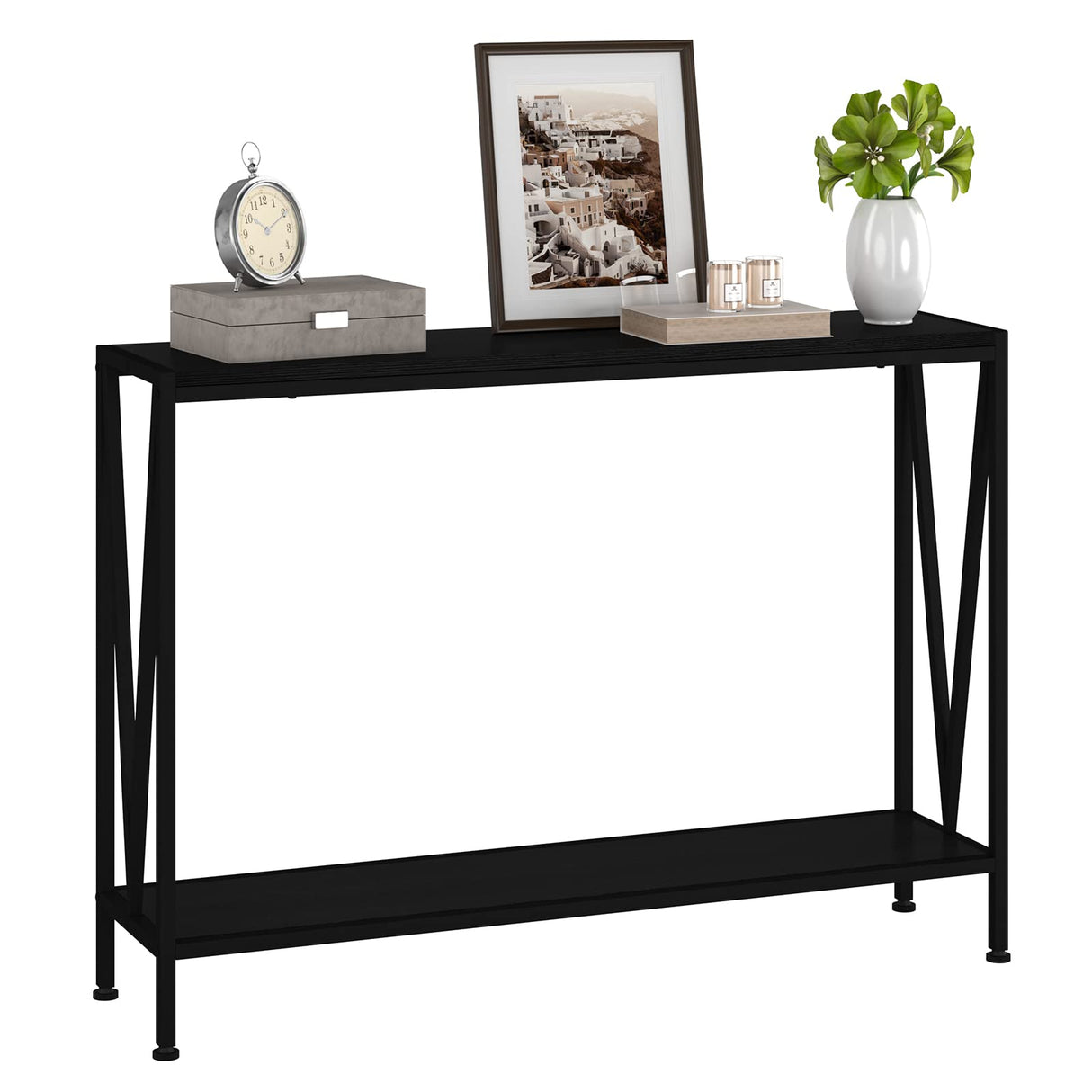 Black 2-Tier Narrow Sofa Console Table for Entryway, Living Room, Office - With Storage