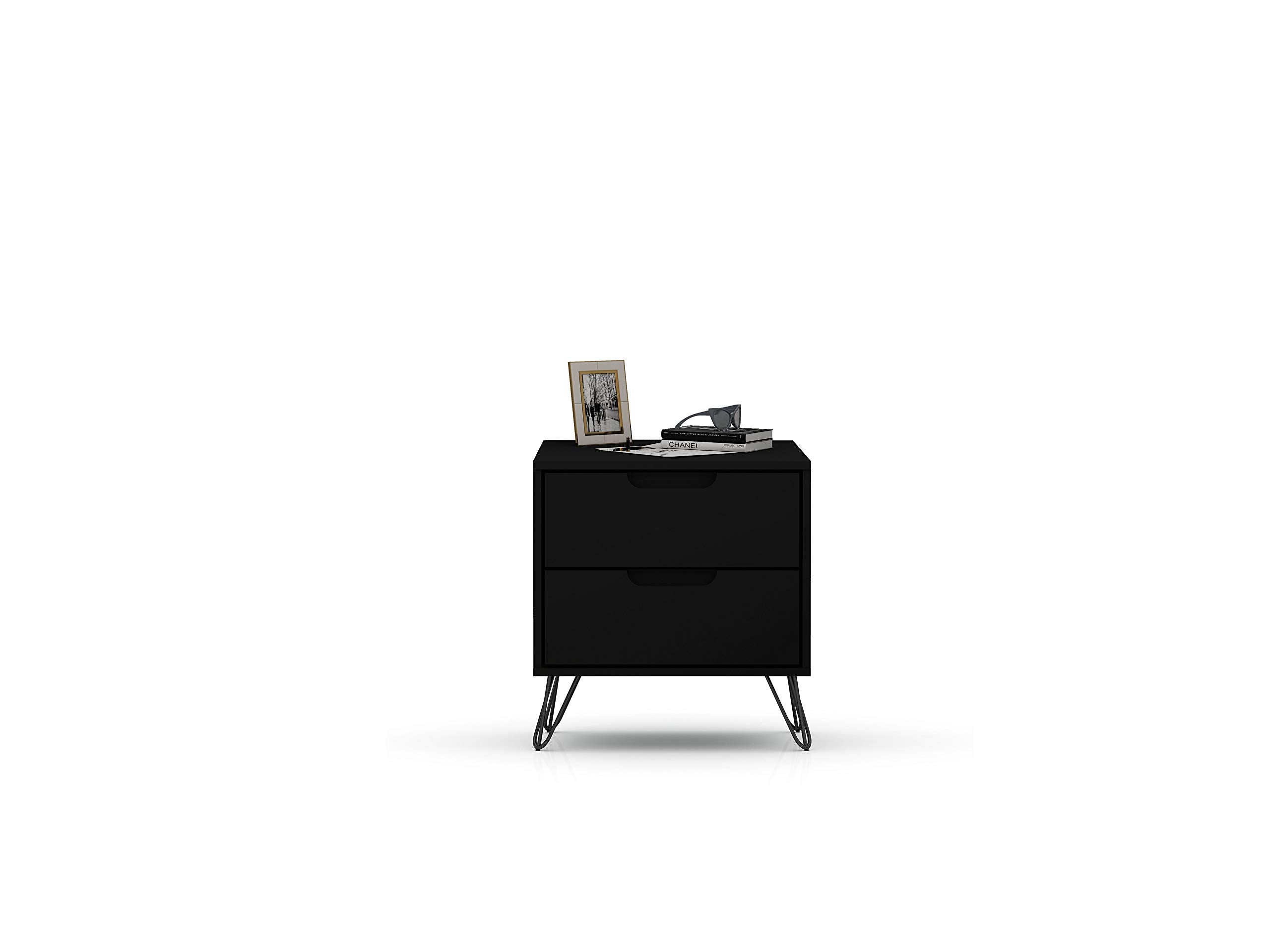 Manhattan Comfort Rockefeller Nightstand with Drawers, Mid Century Modern Bedside Table, Minimalist Display and Storage Organizer, Ideal for Bedroom and Living Room, Black