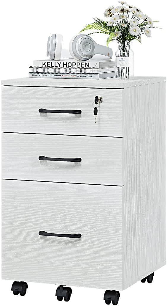 3-Drawer File Cabinet with Lock, Wood Rolling File Cabinet Under Desk File Cabinets