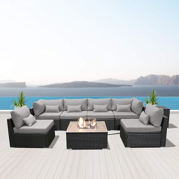 Sectional Sofa with Gas/Propane Fire Pit Table Outdoor Patio Furniture Sets