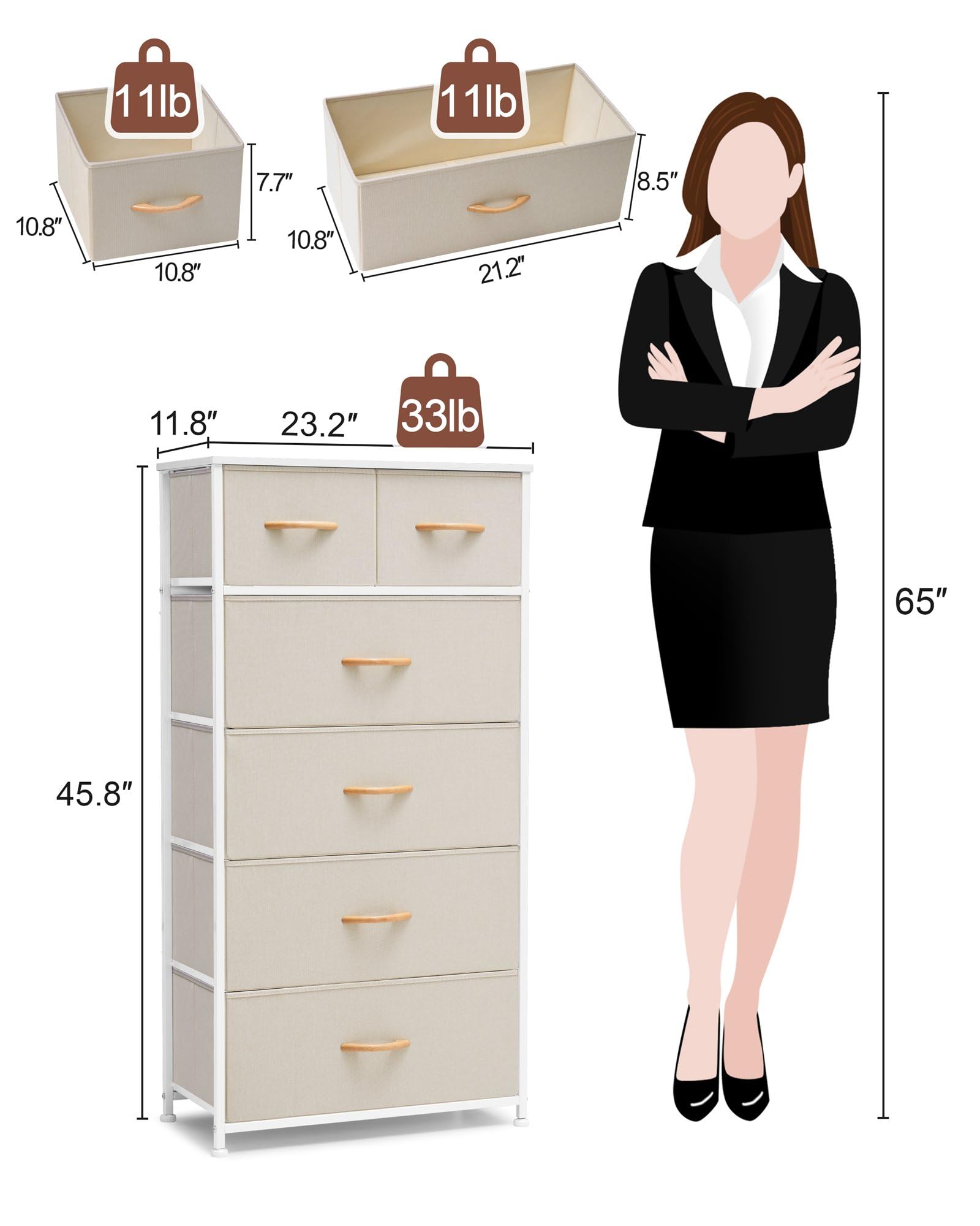 Vertical Dresser Storage Tower - Sturdy Steel Frame, Wood Top, Easy Pull Fabric Bins