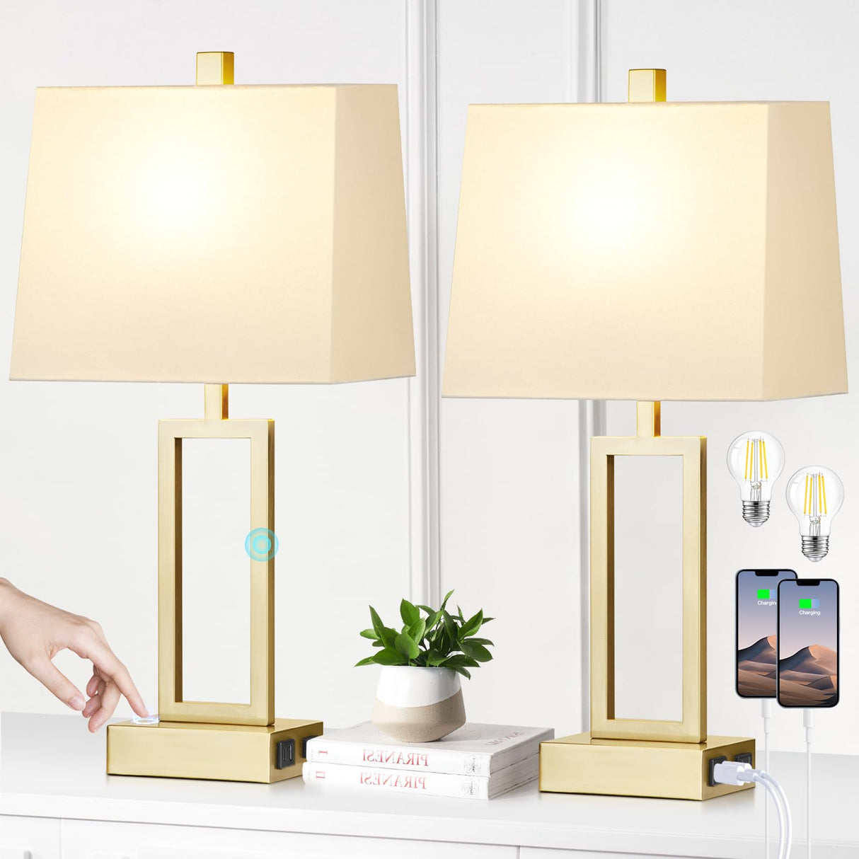 Touch Control Table Lamps Set of 2, Modern Gold Bedside Lamps