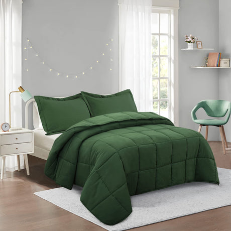 3pc Prewashed Green Queen Size Comforter Duvet Insert - All Season Quilted Down Alternative Comforter