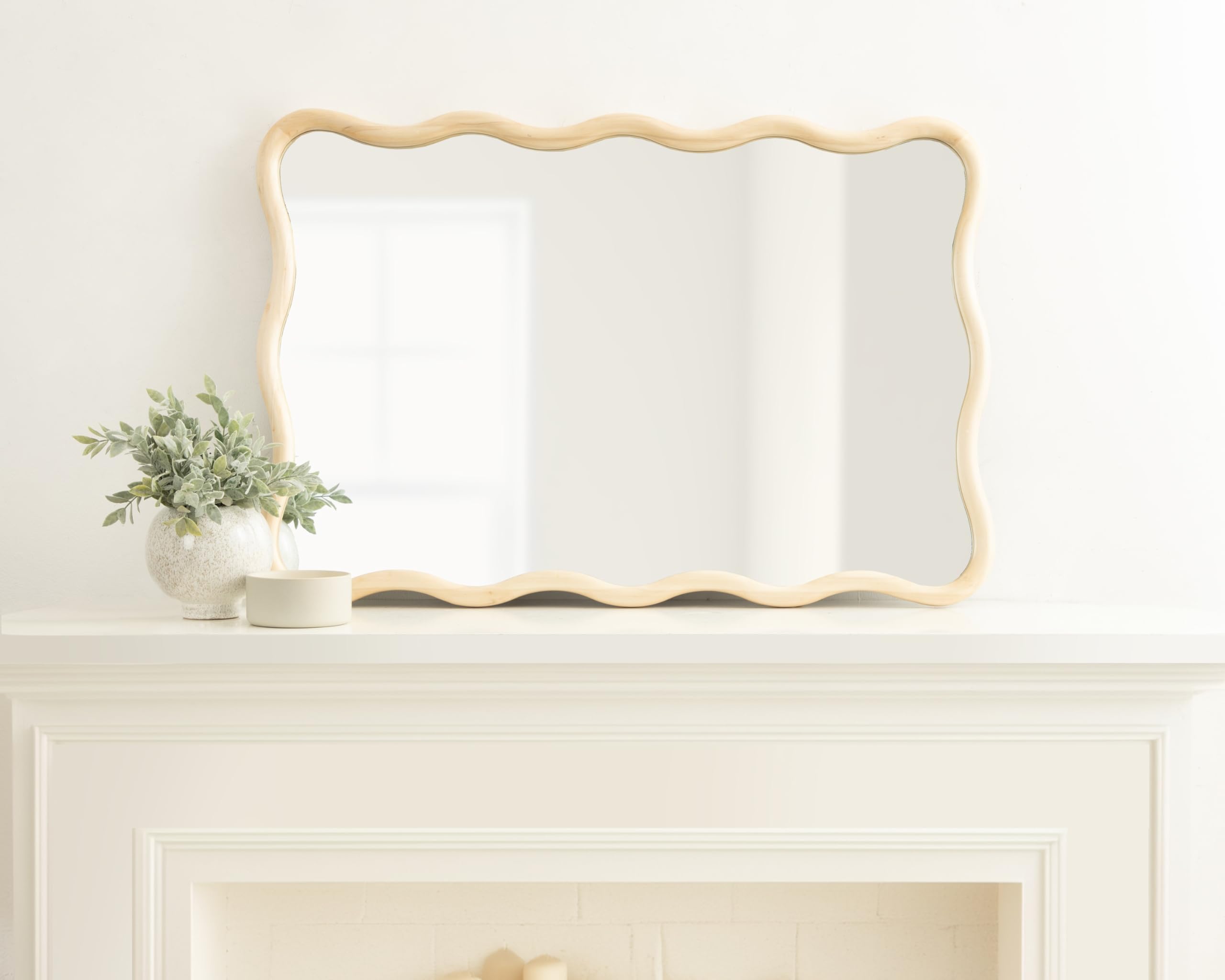 Talma Modern Scalloped Rectangle Wall Mirror, 24 x 36, Natural Wood