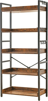 Adjustable 6 Tier Open Bookcase, Rustic Farmhouse Book Shelves, Industrial Wood and Black Metal Bookshelves, Mid Century Bookcase for Home Office Living Room Bedroom