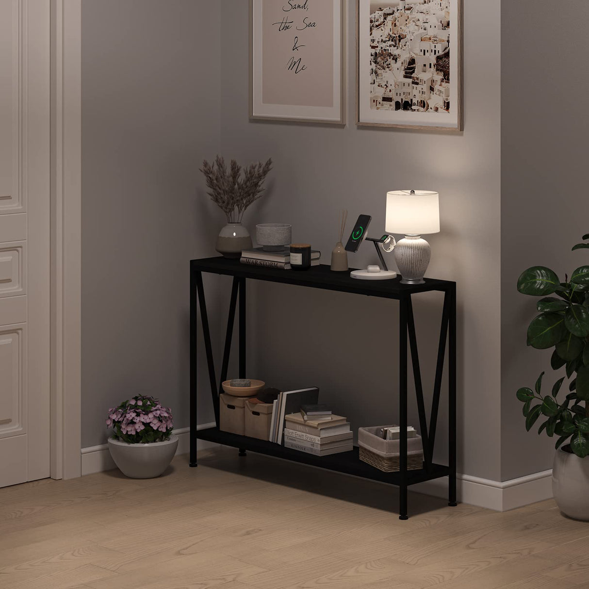 Black 2-Tier Narrow Sofa Console Table for Entryway, Living Room, Office - With Storage