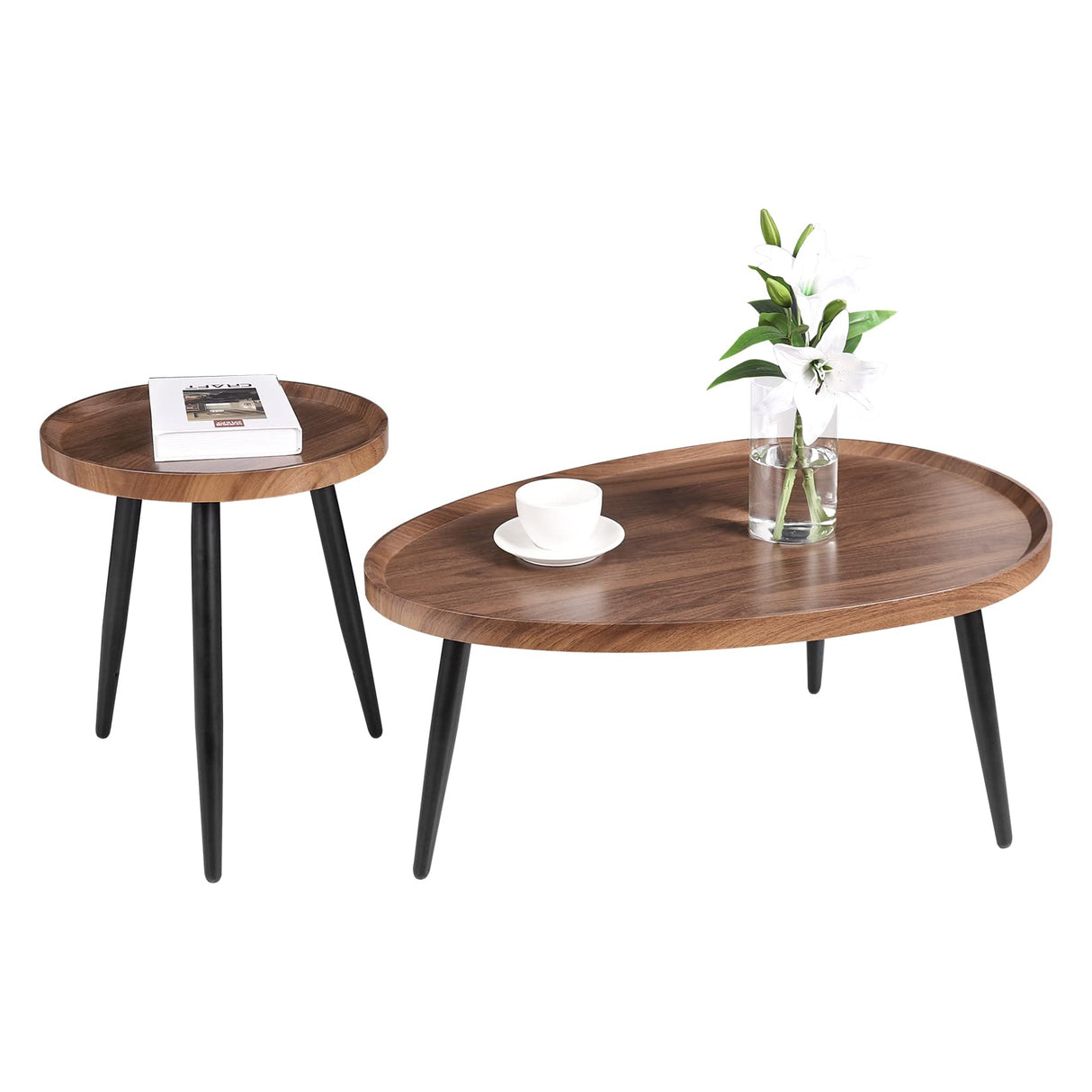 Wood Nesting Coffee Table Set of 2, Walnut End Tables Sofa Tables for Living Room