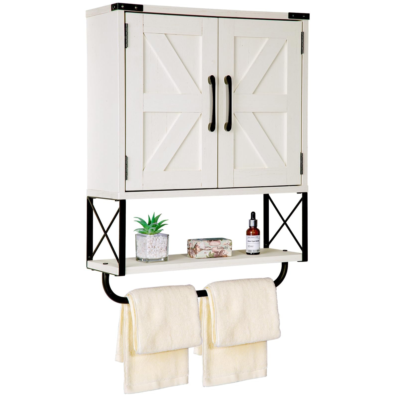 Farmhouse Medicine Cabinet with 2 Barn Door, Wood Wall Mounted Storageintage White