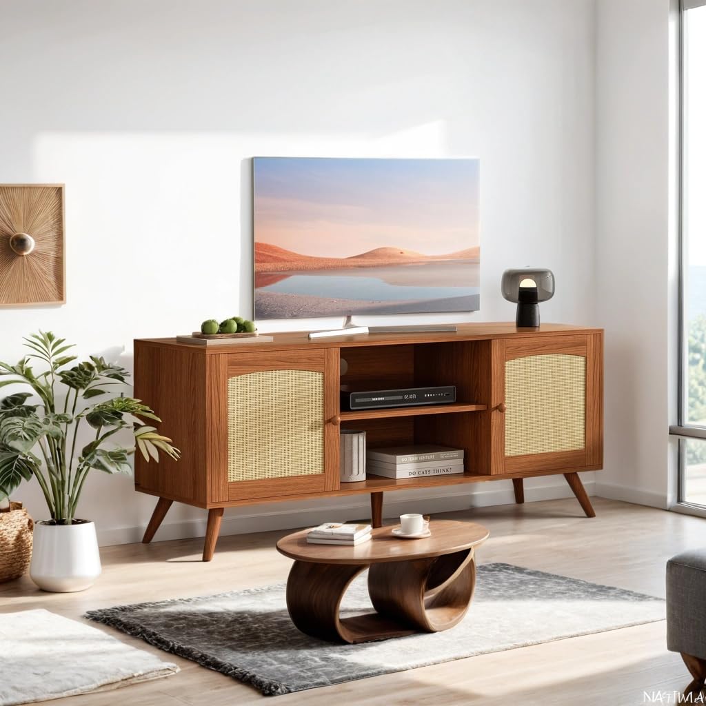 Brown Rattan TV Stand for 60 Inch TV, Wooden Mid Century Modern Entertainment Center