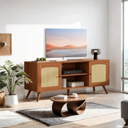Brown Rattan TV Stand for 60 Inch TV, Wooden Mid Century Modern Entertainment Center