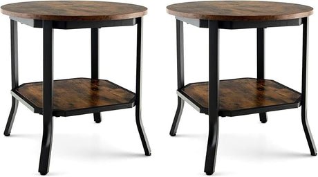 Vintage Round End Table, Industrial 2-Tier Side Table with Storage Shelf & Steel Frame