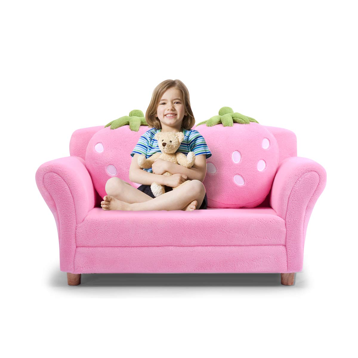 toddler Couch with Two Strawberry Pillows, Children Upholstered Loveseat Lounge Bed,