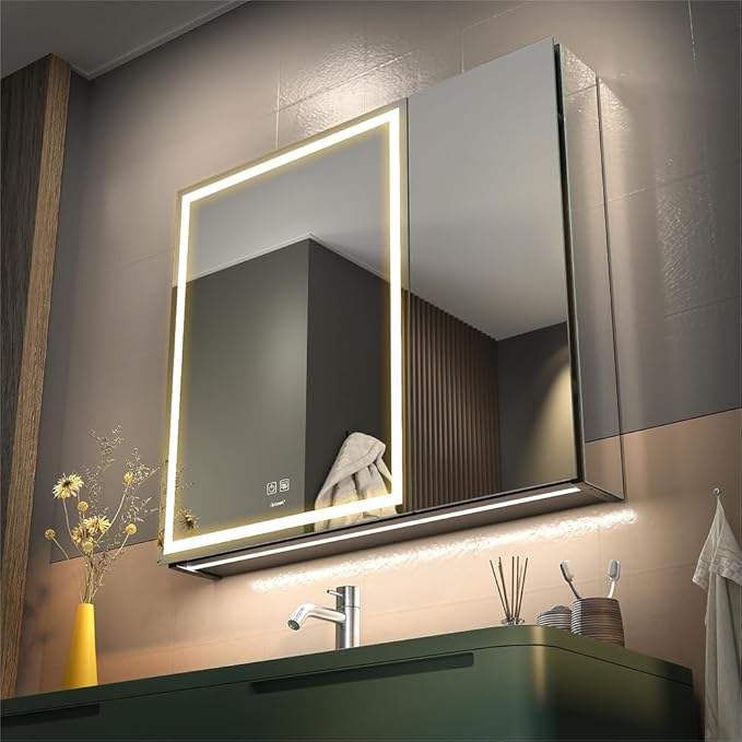 Lighted Bathroom Medicine Mirror Cabinet with Sockets & USBs