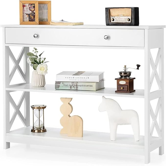 Tier Console Table, Entryway Table with 2 Open Storage Shelves Drawer,