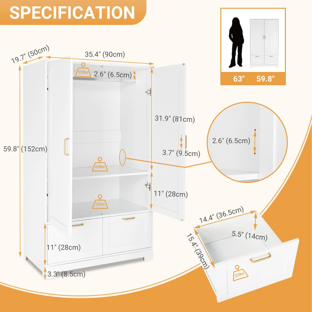 Wide White Armoire Wardrobe Closet with Adjustable Shelves and Drawers