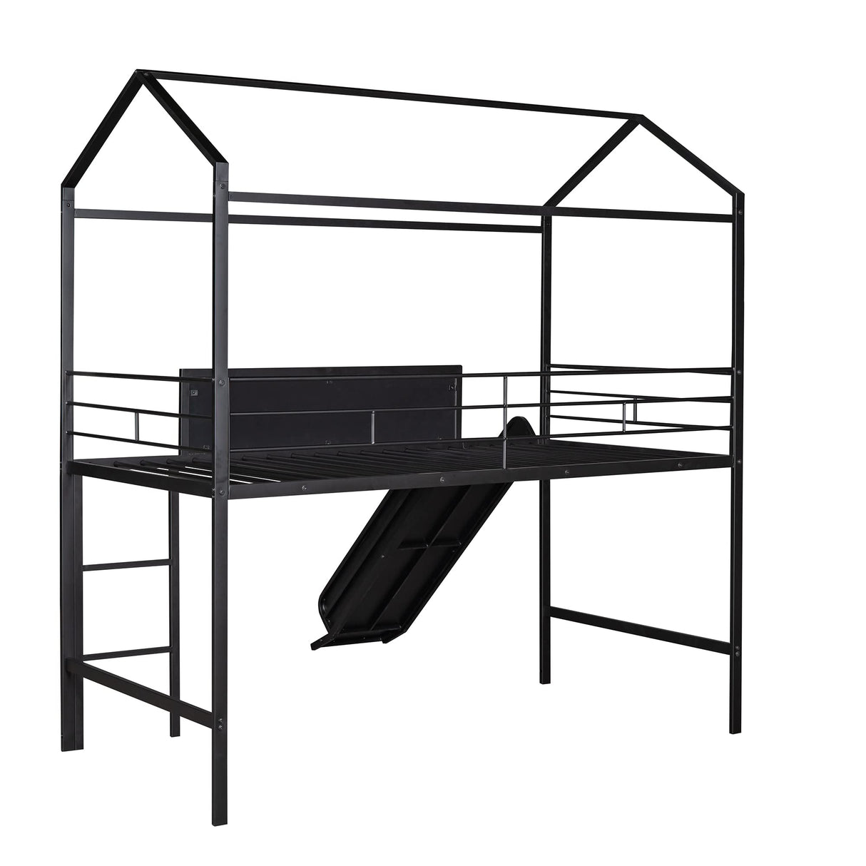 Slide and Chalkboard, Low Loft Bed Twin Size, Metal House Bed with Guardrail and Ladder, Metal Twin Size Loft Bed for Kids Teens Girls Boys (Twin, Black)