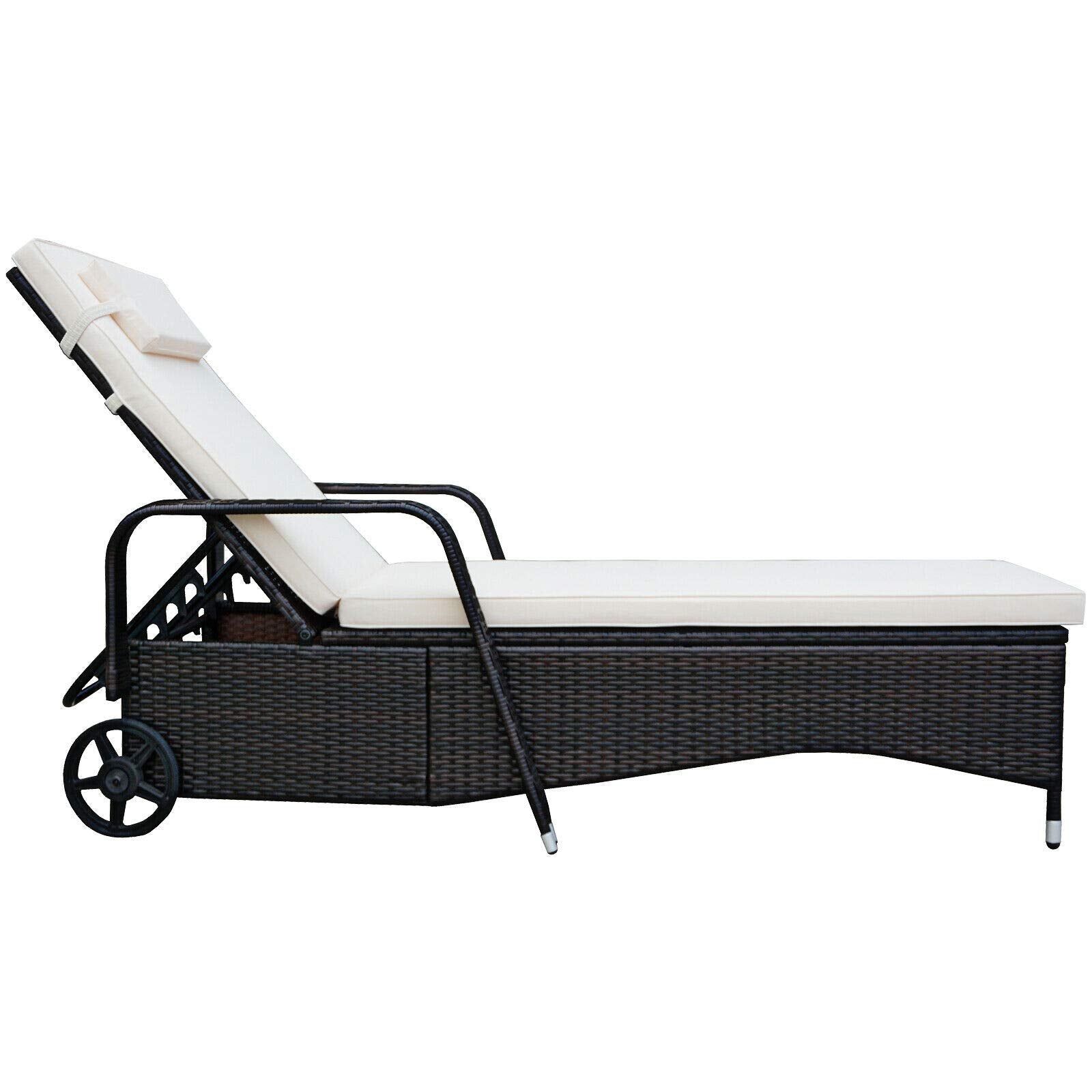 HAPPYGRILL Patio Chaise Lounge Outdoor Rattan Wicker Recliner Lounger Chair with Cushion and Wheels for Balcony Garden Poolside