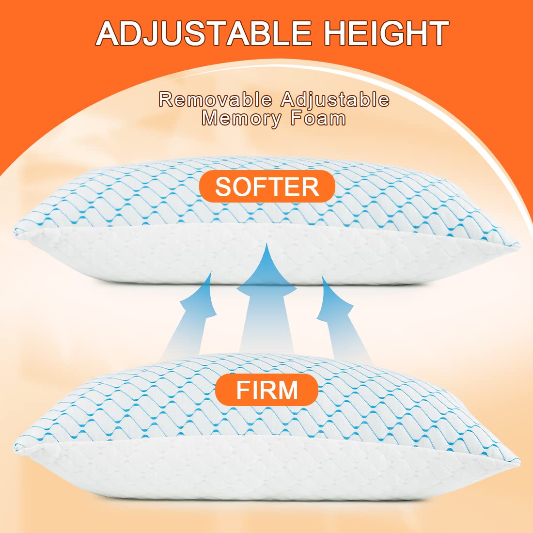 Memory Foam Pillows Queen Size Set of 2, Adjustable Cooling Pillow for Side