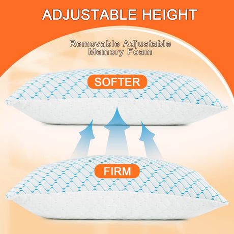 Memory Foam Pillows Queen Size Set of 2, Adjustable Cooling Pillow for Side