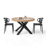 Emma Round Extendable Table, Rustic Oak with Black crossed legs, Made in Italy