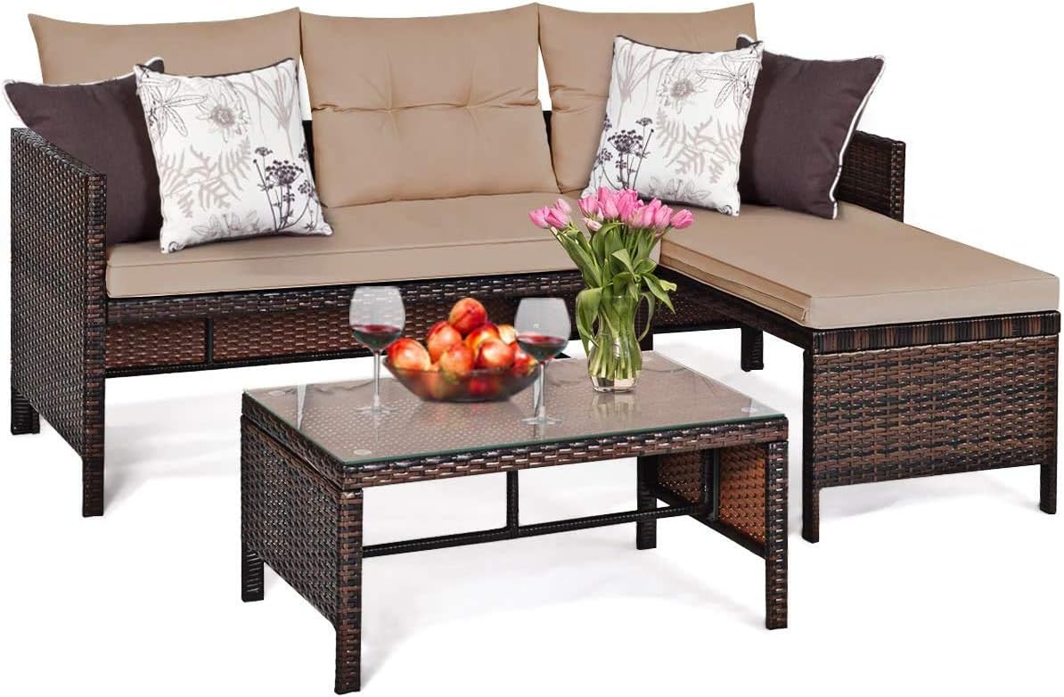 3 PCs Outdoor Patio Sofa Set, Rattan Sofa Set with Coffee Table, Lounge Chaise