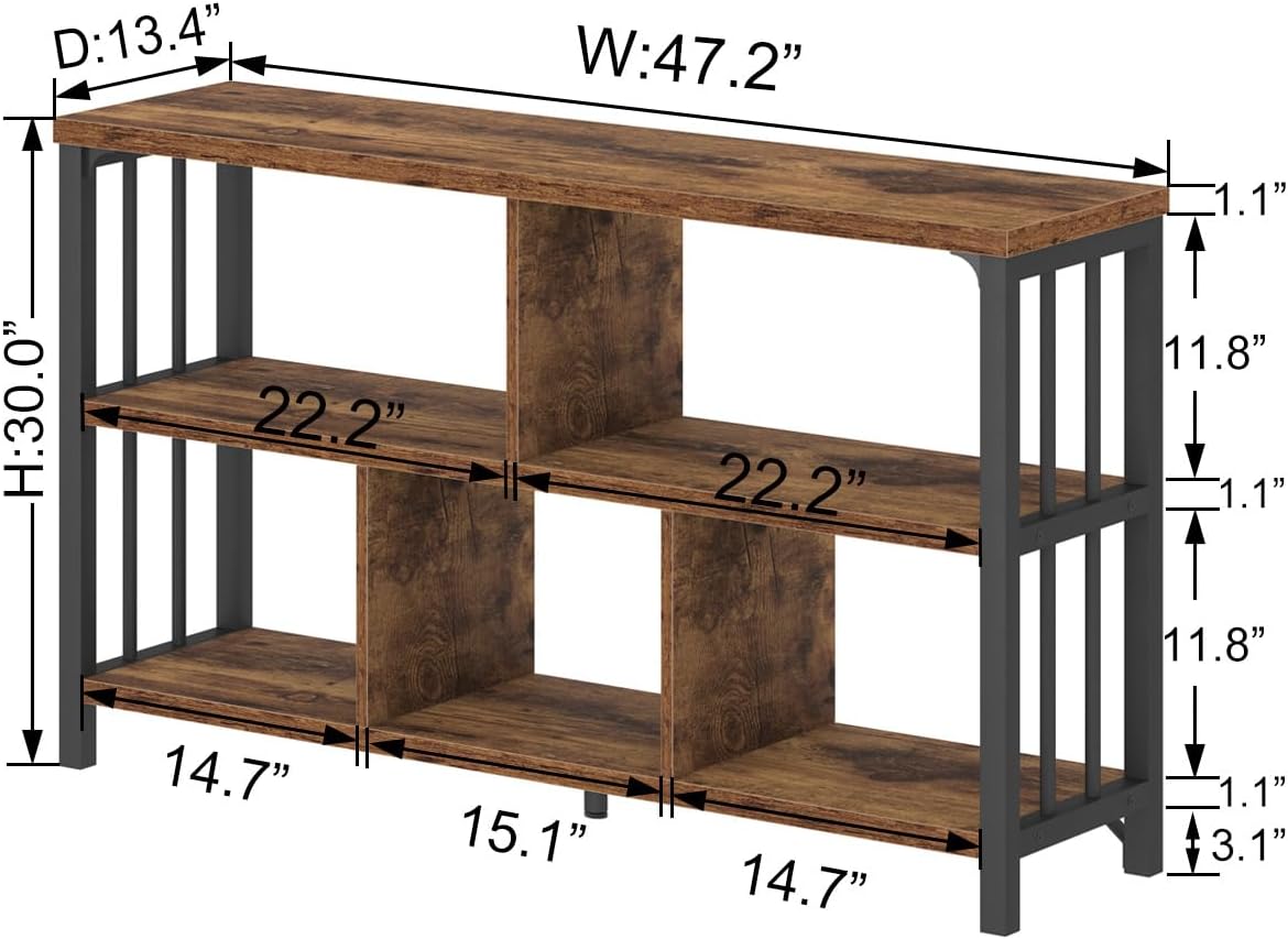 IBF Farmhouse 3 Tier Open Book Shelf, Wood and Metal 5 Cube Storage Organizer, Modern Low Horizontal Bookshelf for Bedroom Living, Long Wide Office Cubby Bookcase with Storage, Rustic Brown, 47 Inch