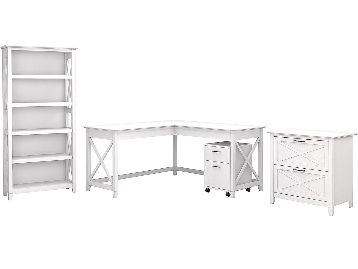 Key West 60W L Shaped Desk with File Cabinets and 5 Shelf Bookcase