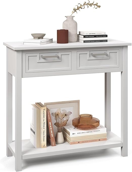 Console Table with Storage, Wooden Small Entryway Table with 2 Drawers, Open Storage