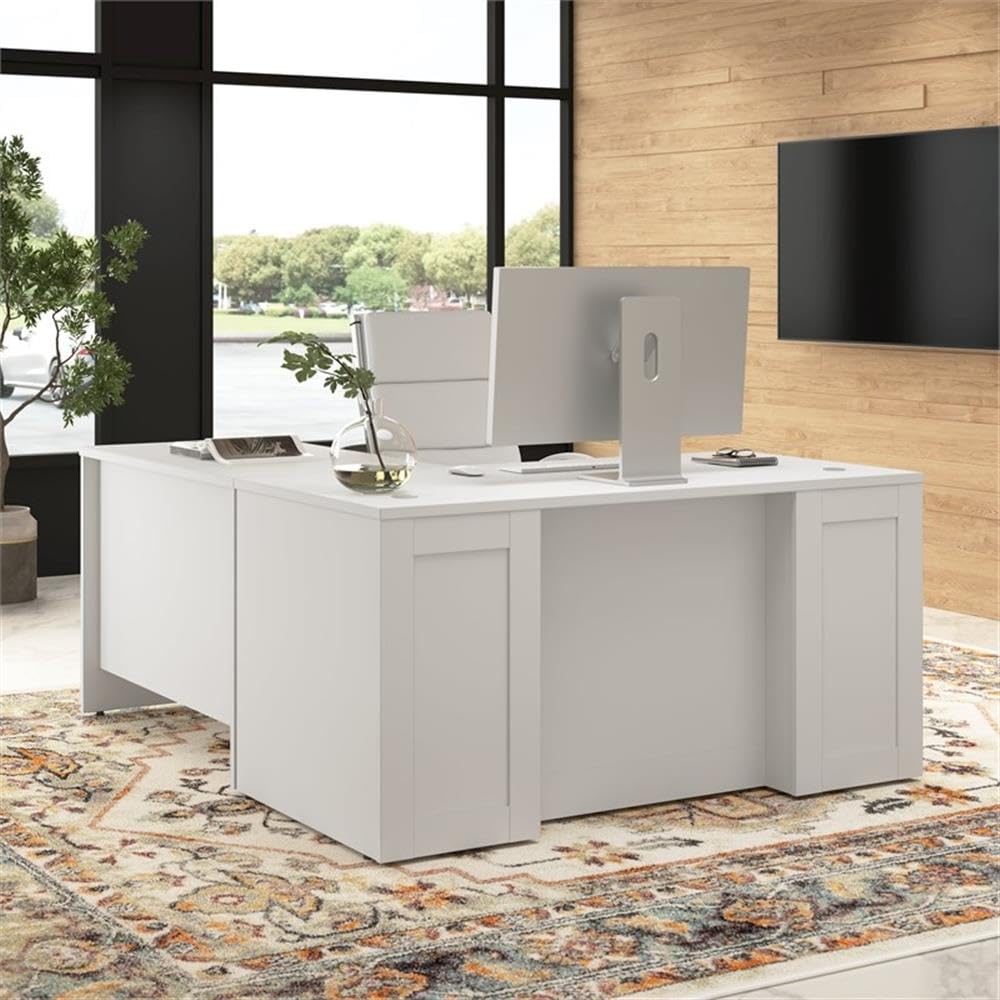 Hampton Heights 60W x 30D Executive L-Shaped Desk in White, Computer Table