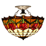 Tiffany Ceiling Light - Red Yellow Tulip Stained Glass Semi Flush Mount 16 Inch
