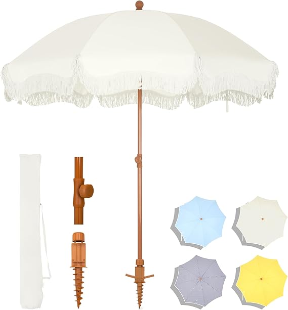 7ft Patio Beach Umbrella with Fringe, Tassel Umbrellas UPF50+ with Sand Anchor & Tilt