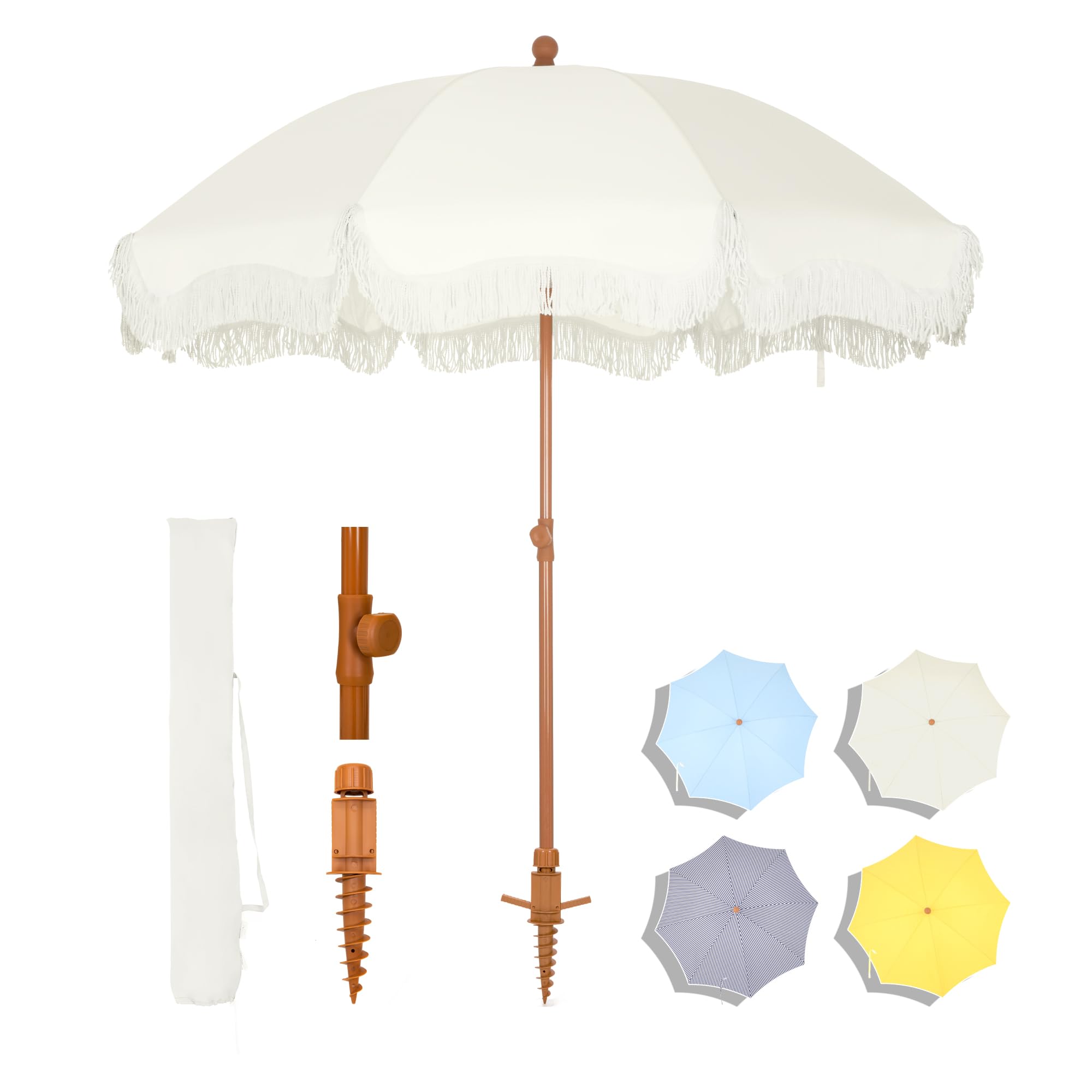 7ft Patio Beach Umbrella with Fringe, Tassel Umbrellas UPF50+ with Sand Anchor & Tilt