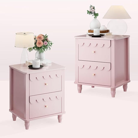 Pink Nightstand Side End Table with 2 Drawers, Modern Night Stand with Petal Pattern for Bedroom, Scalloped Bedside Night Tables with Solid Wood Legs