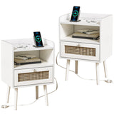 White Nightstand Set of 2 with Charging Station, Night Stand with Rattan Decor, White End Tables for Bedroom, Bed Side Table with Open Storage, for Bedroom, Living Room